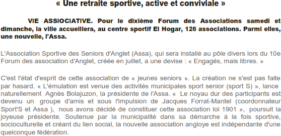extrait article de presse  ASSA -sud ouest septembre 2010